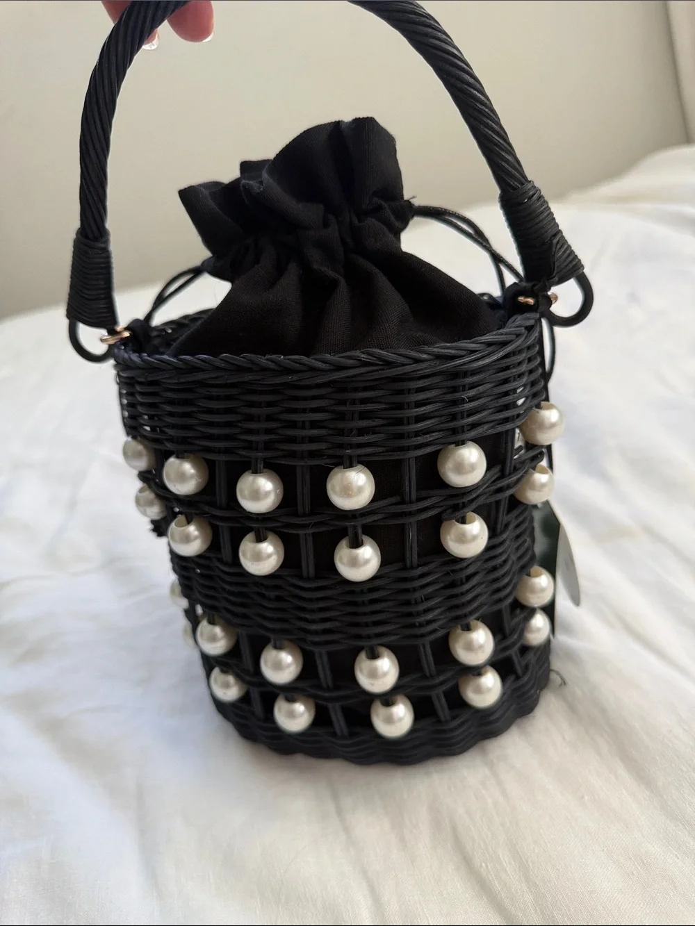 kate spade Black Wicker Bucket Bag with Pearl Accents